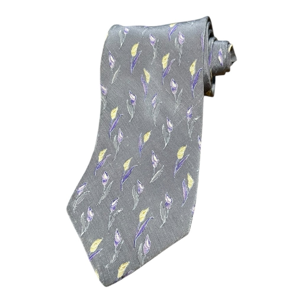 Celine Dion Collection Tie 100% Silk- Gray with flowers - Vintage